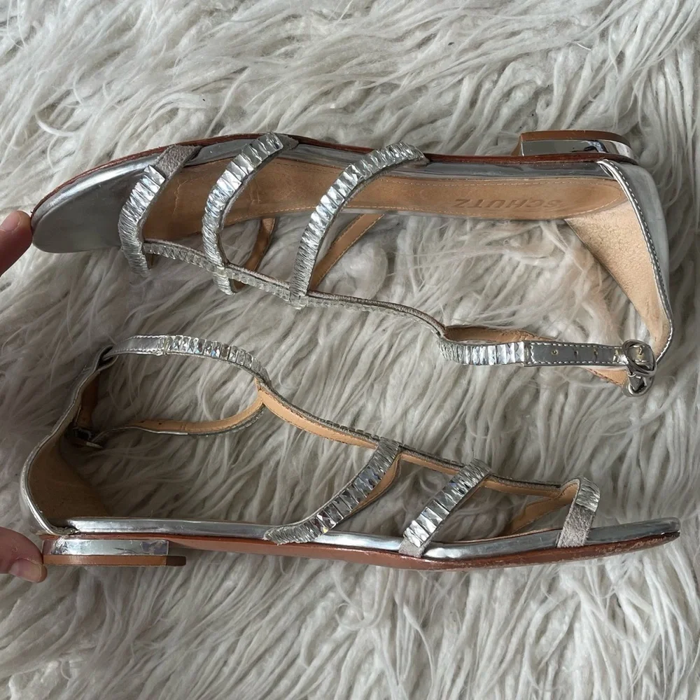 Schutz Gladiator Jeweled Ice Silver Rhinestone Crystal Flat Cage Sandals Size 38